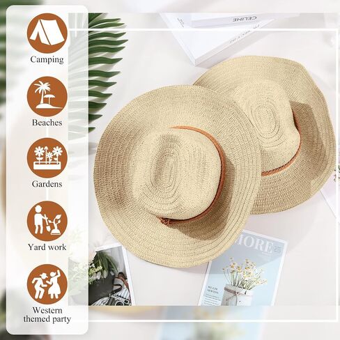 12 Pcs Straw Cowboy Hat for Men Women Western Party Hat Sun Protection Hat Wide Brim Cowgirl Costume Accessories for Summer Beaches Outdoor Adventures Fishing Riding Camping Garden Yard Work, Beige, in Saudi Arabia