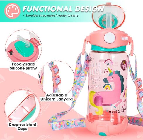 YOYTOO Kids Water Bottle with Straw/Lanyard for School Kids Girls Boys, 22oz BPA Free Child Drinking Water Bottle One-Click-Open Leak-Proof Locking Flip Lid for School Sport Travel (Unicorn) in Saudi Arabia