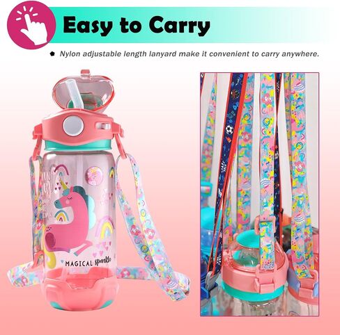 YOYTOO Kids Water Bottle with Straw/Lanyard for School Kids Girls Boys, 22oz BPA Free Child Drinking Water Bottle One-Click-Open Leak-Proof Locking Flip Lid for School Sport Travel (Unicorn) in Saudi Arabia