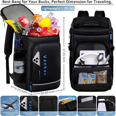Vankor حقيبة ظهر تبريد للرجال والنساء معزولة مانعة للتسرب 37 علبة، 3 جيوب تخزين حقيبة تبريد للسفر حقيبة تبريد محمولة ناعمة الجوانب مقاومة للماء على الشاطئ والثلج وقوارب الكاياك ومبردات التخييم في الهواء الطلق in Kuwait