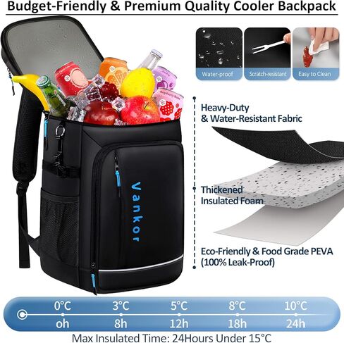 Vankor حقيبة ظهر تبريد للرجال والنساء معزولة مانعة للتسرب 37 علبة، 3 جيوب تخزين حقيبة تبريد للسفر حقيبة تبريد محمولة ناعمة الجوانب مقاومة للماء على الشاطئ والثلج وقوارب الكاياك ومبردات التخييم في الهواء الطلق in Kuwait