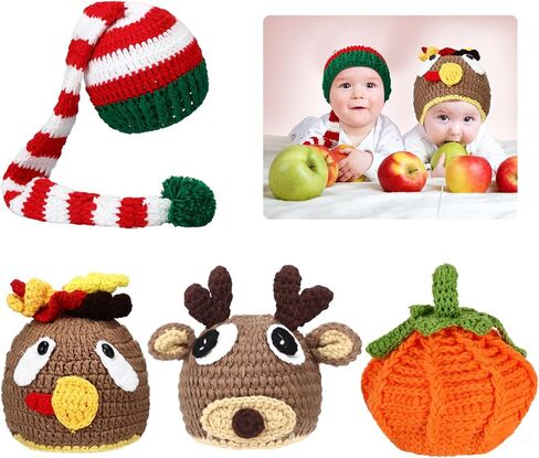 Ramede 4 Pcs Thanksgiving Christmas Baby Crochet Beanie Set Elf Long Tail Caps Knitted Reindeer Pumpkin Turkey Hat for 3-6 Months Infant Kids Xmas, Green, Red, Orange, Brown, One Size in Kuwait