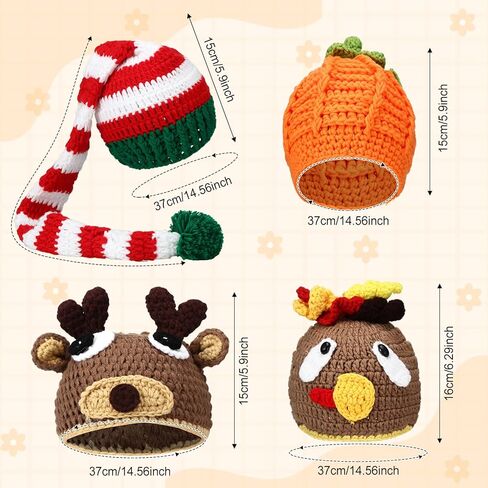 Ramede 4 Pcs Thanksgiving Christmas Baby Crochet Beanie Set Elf Long Tail Caps Knitted Reindeer Pumpkin Turkey Hat for 3-6 Months Infant Kids Xmas, Green, Red, Orange, Brown, One Size in Kuwait