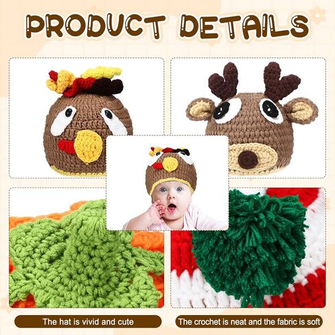 Ramede 4 Pcs Thanksgiving Christmas Baby Crochet Beanie Set Elf Long Tail Caps Knitted Reindeer Pumpkin Turkey Hat for 3-6 Months Infant Kids Xmas, Green, Red, Orange, Brown, One Size in Kuwait