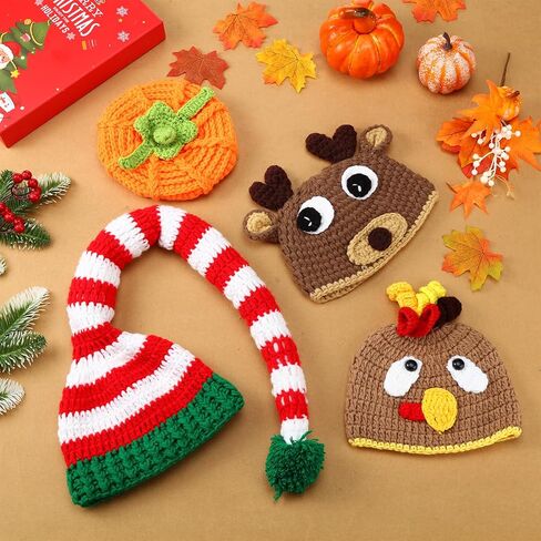 Ramede 4 Pcs Thanksgiving Christmas Baby Crochet Beanie Set Elf Long Tail Caps Knitted Reindeer Pumpkin Turkey Hat for 3-6 Months Infant Kids Xmas, Green, Red, Orange, Brown, One Size in Kuwait