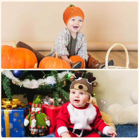 Ramede 4 Pcs Thanksgiving Christmas Baby Crochet Beanie Set Elf Long Tail Caps Knitted Reindeer Pumpkin Turkey Hat for 3-6 Months Infant Kids Xmas, Green, Red, Orange, Brown, One Size in Kuwait