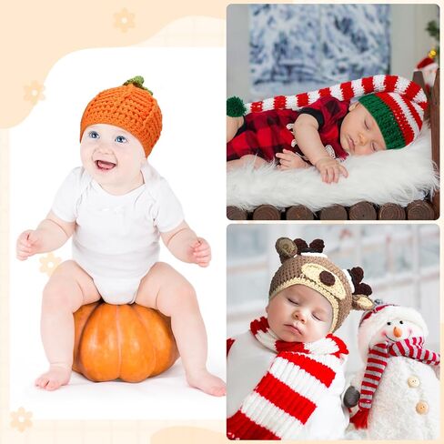 Ramede 4 Pcs Thanksgiving Christmas Baby Crochet Beanie Set Elf Long Tail Caps Knitted Reindeer Pumpkin Turkey Hat for 3-6 Months Infant Kids Xmas, Green, Red, Orange, Brown, One Size in Kuwait