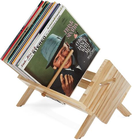 راستيك ستيت حامل أسطوانات فينيل مع فاصل قابل للتعديل - تخزين 80-100 ال بي - رف خشبي لعرض المجلات والالبومات والكتب والصحف والملفات والصور - طبيعي in Kuwait