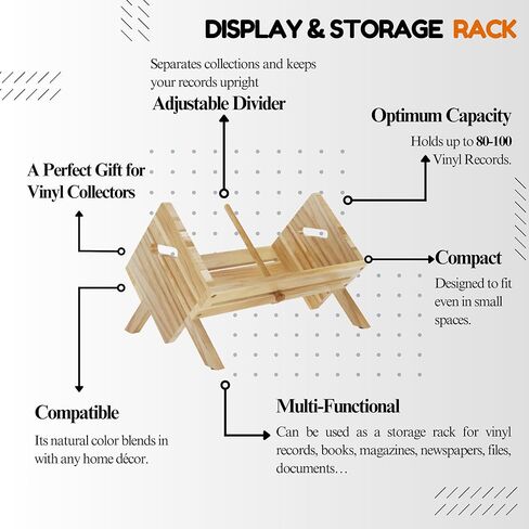 راستيك ستيت حامل أسطوانات فينيل مع فاصل قابل للتعديل - تخزين 80-100 ال بي - رف خشبي لعرض المجلات والالبومات والكتب والصحف والملفات والصور - طبيعي in Kuwait