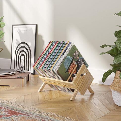 راستيك ستيت حامل أسطوانات فينيل مع فاصل قابل للتعديل - تخزين 80-100 ال بي - رف خشبي لعرض المجلات والالبومات والكتب والصحف والملفات والصور - طبيعي in Kuwait