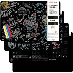 ميركا مفارش تلوين سبورة للاطفال - مجموعة من 4 مفارش قابلة للغسل واعادة الاستخدام مع 4 طباشير ملونة - انشطة تعليمية للاطفال - تتميز بسفن الفضاء ورواد الفضاء والحروف الابجدية in Kuwait