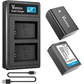 Vemico NP-FW50 Battery Charger Set 2 X 1200mAh Replacement Batteries with LCD Type-C Charger for ZV-E10, Alpha a6500, a6300, a6000, a7, a7s ii, a7s, a5100, a5000, a7r, a7 ii, DSC-RX10 in Kuwait