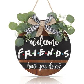 FWIEXA 3D Welcome Friends Wood Sign Plaque (11.4"x11.4"), Rustic Wreath Door Decor with Funny Quote Hanging Sign, Colorful Wall Decoration Friendship Gifts for Friends Family Neighbors in Kuwait