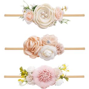 cherrboll 3pcs Baby Girl Flower Headbands, Super Soft & Stretchy Nylon Floral Hairbands for Newborn Toddler