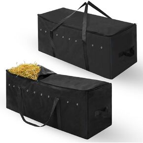 Sanwuta 2 Pack Hay Bale Bag 41 x 15 x 17 Inch Extra Large Hay Bags for Horses Oxford Cloth Hay Storage Container Heavy Duty Tote Hay Bale Storage Bag for Cattle Goats Sheep Horse Supplies (Black)