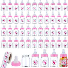 62 Pcs 3.5 Inch Baby Mini Milk Bottle Baby Shower Favor with 500 Adhesive Thank You for Showering Stickers, Small Plastic Candy Bottle DIY Gift for Boy Girl Newborn Baptism Party Decor (Blue)