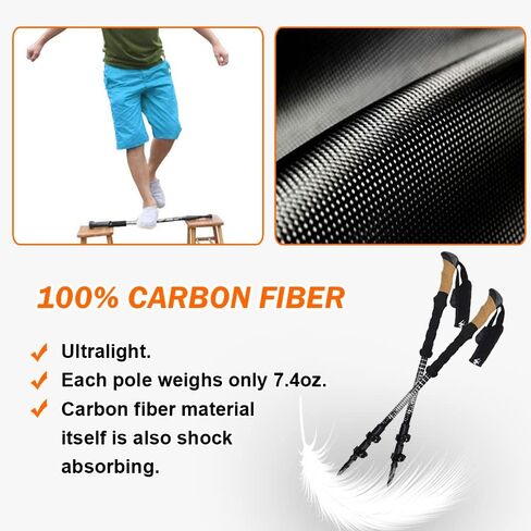 Hiking Poles, HIKERBRO Carbon Fiber Trekking Poles for Hiking with Cork Handle, Ultralight Telescopic Trekking Poles, Adjustable Wrap& Flip Clock, Extended Hiking Sticks for Men Women, 53Inch in Kuwait