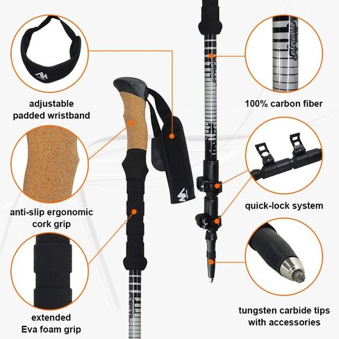 Hiking Poles, HIKERBRO Carbon Fiber Trekking Poles for Hiking with Cork Handle, Ultralight Telescopic Trekking Poles, Adjustable Wrap& Flip Clock, Extended Hiking Sticks for Men Women, 53Inch in Kuwait