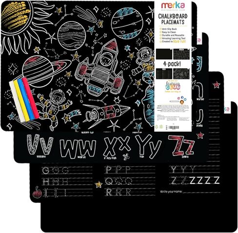 ميركا مفارش تلوين سبورة للاطفال - مجموعة من 4 مفارش قابلة للغسل واعادة الاستخدام مع 4 طباشير ملونة - انشطة تعليمية للاطفال - تتميز بسفن الفضاء ورواد الفضاء والحروف الابجدية in Kuwait