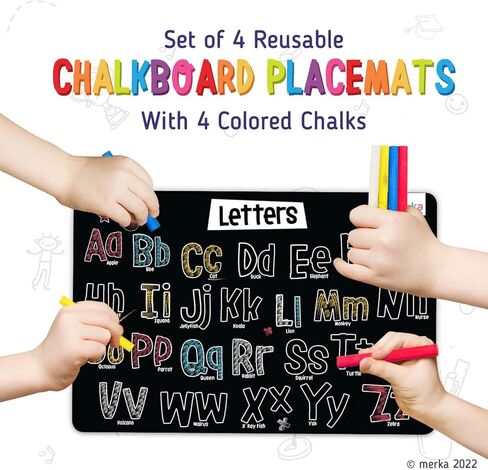 ميركا مفارش تلوين سبورة للاطفال - مجموعة من 4 مفارش قابلة للغسل واعادة الاستخدام مع 4 طباشير ملونة - انشطة تعليمية للاطفال - تتميز بسفن الفضاء ورواد الفضاء والحروف الابجدية in Kuwait