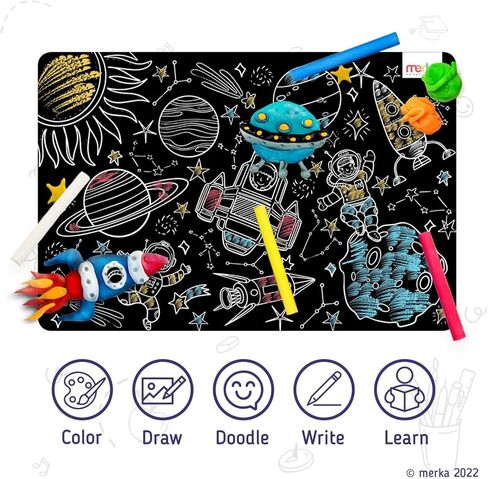 ميركا مفارش تلوين سبورة للاطفال - مجموعة من 4 مفارش قابلة للغسل واعادة الاستخدام مع 4 طباشير ملونة - انشطة تعليمية للاطفال - تتميز بسفن الفضاء ورواد الفضاء والحروف الابجدية in Kuwait