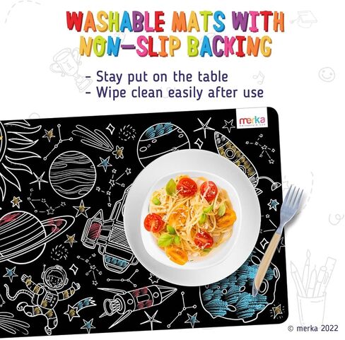 ميركا مفارش تلوين سبورة للاطفال - مجموعة من 4 مفارش قابلة للغسل واعادة الاستخدام مع 4 طباشير ملونة - انشطة تعليمية للاطفال - تتميز بسفن الفضاء ورواد الفضاء والحروف الابجدية in Kuwait