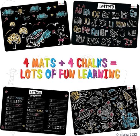 ميركا مفارش تلوين سبورة للاطفال - مجموعة من 4 مفارش قابلة للغسل واعادة الاستخدام مع 4 طباشير ملونة - انشطة تعليمية للاطفال - تتميز بسفن الفضاء ورواد الفضاء والحروف الابجدية in Kuwait