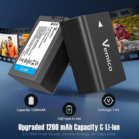 Vemico NP-FW50 Battery Charger Set 2 X 1200mAh Replacement Batteries with LCD Type-C Charger for ZV-E10, Alpha a6500, a6300, a6000, a7, a7s ii, a7s, a5100, a5000, a7r, a7 ii, DSC-RX10 in Kuwait