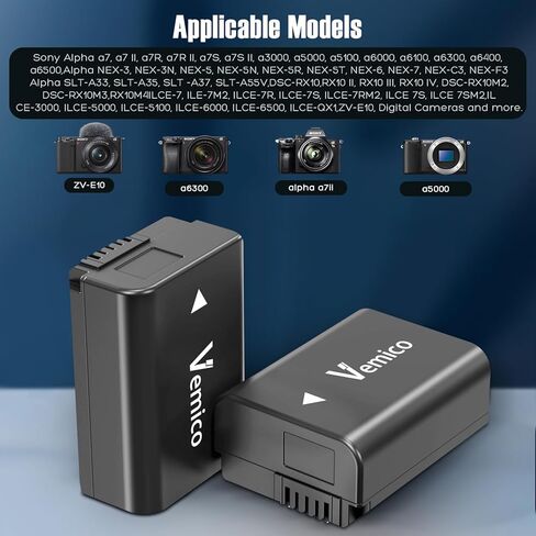 Vemico NP-FW50 Battery Charger Set 2 X 1200mAh Replacement Batteries with LCD Type-C Charger for ZV-E10, Alpha a6500, a6300, a6000, a7, a7s ii, a7s, a5100, a5000, a7r, a7 ii, DSC-RX10 in Kuwait