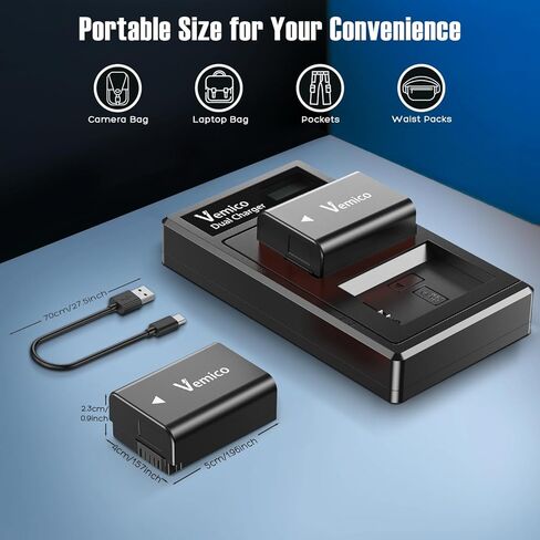 Vemico NP-FW50 Battery Charger Set 2 X 1200mAh Replacement Batteries with LCD Type-C Charger for ZV-E10, Alpha a6500, a6300, a6000, a7, a7s ii, a7s, a5100, a5000, a7r, a7 ii, DSC-RX10 in Kuwait
