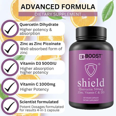 BoostCeuticals Quercetin Zinc Vitamin C Vitamin D – Potent Vegan Pure Zinc Quercetin Formula - Non GMO 120 Capsules 60 Days Supply in Kuwait