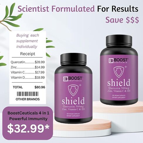 BoostCeuticals Quercetin Zinc Vitamin C Vitamin D – Potent Vegan Pure Zinc Quercetin Formula - Non GMO 120 Capsules 60 Days Supply in Kuwait