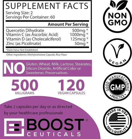 BoostCeuticals Quercetin Zinc Vitamin C Vitamin D – Potent Vegan Pure Zinc Quercetin Formula - Non GMO 120 Capsules 60 Days Supply in Kuwait