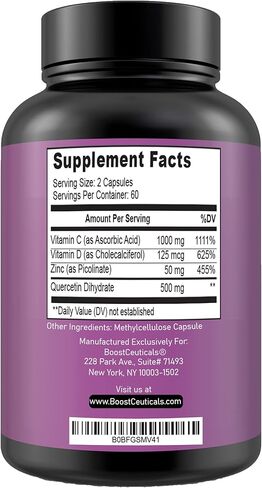 BoostCeuticals Quercetin Zinc Vitamin C Vitamin D – Potent Vegan Pure Zinc Quercetin Formula - Non GMO 120 Capsules 60 Days Supply in Kuwait