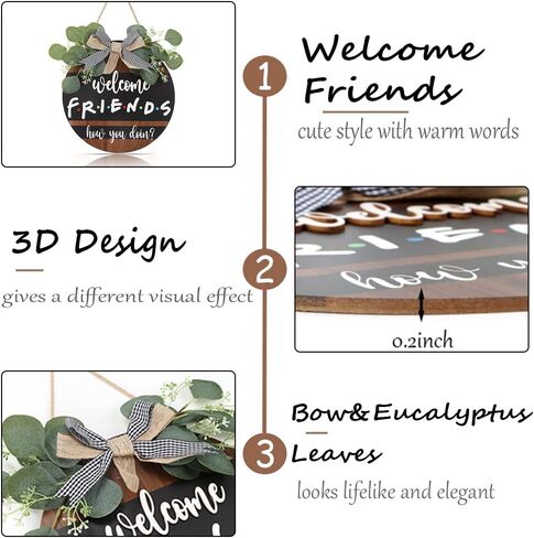 FWIEXA 3D Welcome Friends Wood Sign Plaque (11.4"x11.4"), Rustic Wreath Door Decor with Funny Quote Hanging Sign, Colorful Wall Decoration Friendship Gifts for Friends Family Neighbors in Kuwait