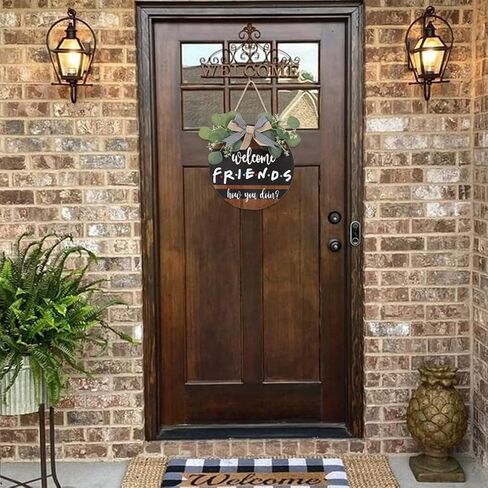 FWIEXA 3D Welcome Friends Wood Sign Plaque (11.4"x11.4"), Rustic Wreath Door Decor with Funny Quote Hanging Sign, Colorful Wall Decoration Friendship Gifts for Friends Family Neighbors in Kuwait