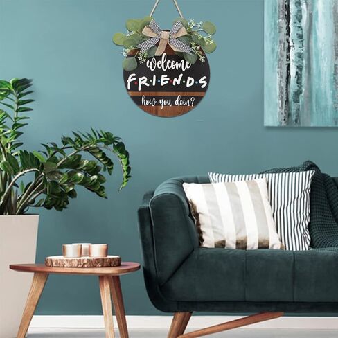 FWIEXA 3D Welcome Friends Wood Sign Plaque (11.4"x11.4"), Rustic Wreath Door Decor with Funny Quote Hanging Sign, Colorful Wall Decoration Friendship Gifts for Friends Family Neighbors in Kuwait
