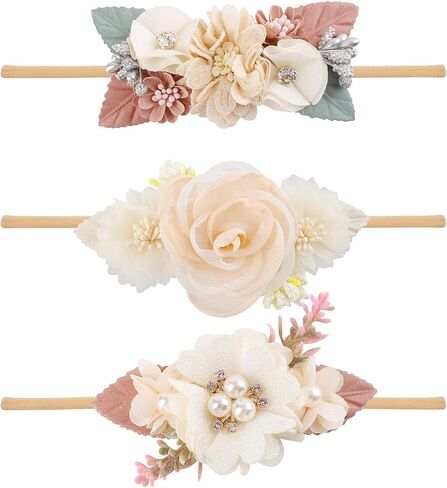 cherrboll 3pcs Baby Girl Flower Headbands, Super Soft & Stretchy Nylon Floral Hairbands for Newborn Toddler in Saudi Arabia