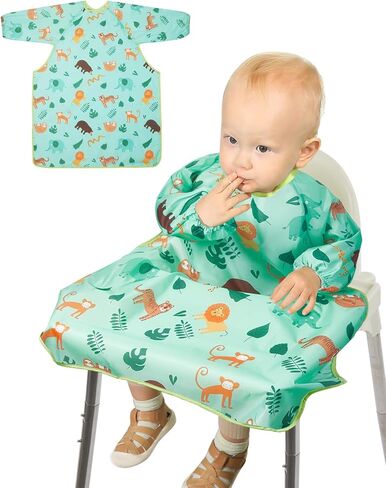 مرايل تغذية الأطفال من ليكتين - قطعتان من مرايل الأطفال بأكمام طويلة لتناول الطعام، غطاء مريلة مقاوم للماء للكرسي المرتفع in Kuwait
