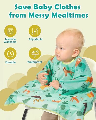 مرايل تغذية الأطفال من ليكتين - قطعتان من مرايل الأطفال بأكمام طويلة لتناول الطعام، غطاء مريلة مقاوم للماء للكرسي المرتفع in Kuwait