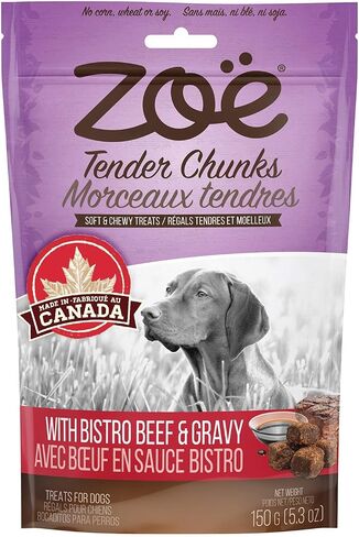 Zoe Zoë Tender Chunks for Dogs, All Natural Dog Treats, Grain-Free, Beef and Gravy Recipe, 5.3 oz., 92041 in Saudi Arabia