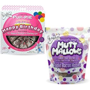 The Lazy Dog Cookie Co. - Original Pup-Pie - Happy Birthday Dog Treat for a Darling Girl with Bag of 5oz Birthday Cake Bite Mutt Mallows