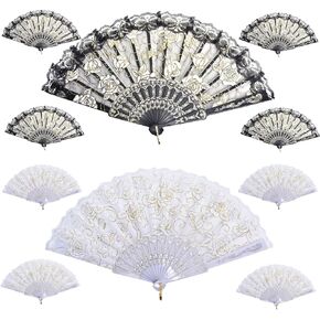ايبور 10 قطع من مراوح قماشية قابلة للطي، مراوح يدوية قابلة للطي، مروحة صينية انيقة عتيقة بتصميم زهور وردية ودانتيل يدوية للنساء (ابيض، اسود) in Kuwait