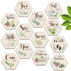 13 Pcs Wooden Baby Milestone Blocks Cards Wood Baby Month Signs for Girl Discs Boho Double Sided Print Marker Gift Photo Prop Discs Sets Birth Announcement for Baby Shower Newborn (Animal)