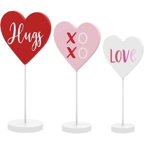 Threan 3 Pieces Valentine's Day Heart Shaped Wooden Table Decor with Base Heart Ornaments Valentine's Day Wooden Signs XOXO Love Hugs Tabletop Decoration for Tiered Tray Wedding Decor (Romantic)