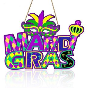 Mardi Gras Party Decorations Hanging Sign, Mardi Gras Wooden Door Sign Wreath Garland for Carnival New Orleans Masquerade Mardi Gras Party Favors Supplies Indoor Outdoor 13.8x10 Inch in Kuwait