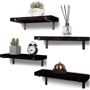 Rustic Wood Floating Shelves for Wall Decor Farmhouse Wooden Wall Shelf for Bathroom Kitchen Bedroom Living Room Set of 4 Black