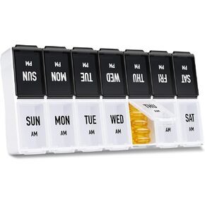 PULIV Large Pill Organizer 2 Times a Day, Weekly Pill Box, AM PM Pill Case in White & Black for Visual Date Indication, Easy to Use Medicine Organizer to Hold Vitamins, Supplements, Fish Oils in Kuwait