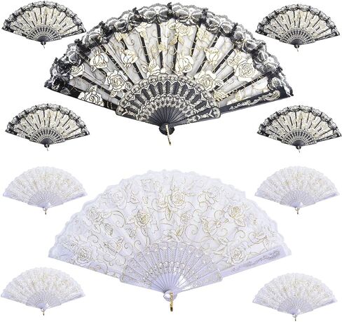 ايبور 10 قطع من مراوح قماشية قابلة للطي، مراوح يدوية قابلة للطي، مروحة صينية انيقة عتيقة بتصميم زهور وردية ودانتيل يدوية للنساء (ابيض، اسود) in Kuwait