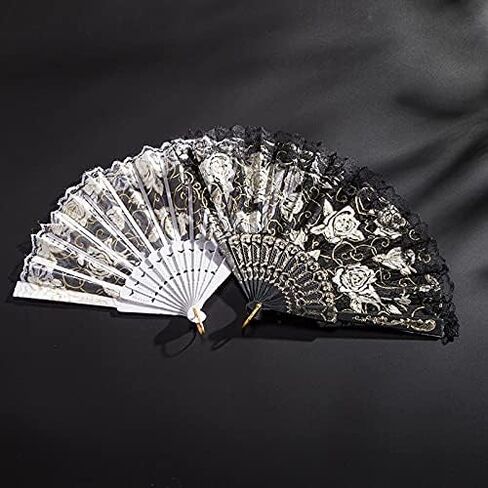 ايبور 10 قطع من مراوح قماشية قابلة للطي، مراوح يدوية قابلة للطي، مروحة صينية انيقة عتيقة بتصميم زهور وردية ودانتيل يدوية للنساء (ابيض، اسود) in Kuwait